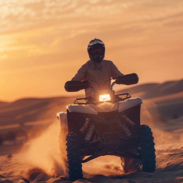Desert terrain with a person operating an all-terrain vehicle, also known as an ATV or quad bike